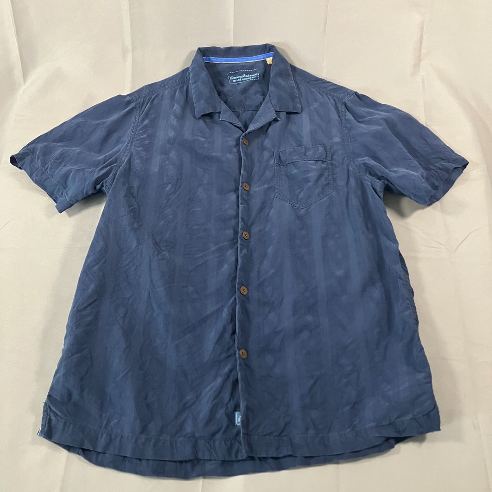 Tommy Bahama Silk Shirt Men's Medium Blue Camp Button Front Short Sleeve Relaxed